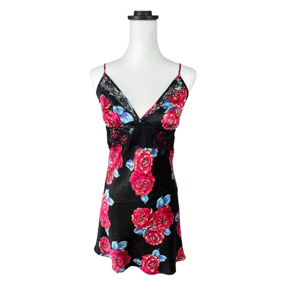 Victoria's Secret Negligee Slip Lingerie Top Black Floral Satin Lace L‎